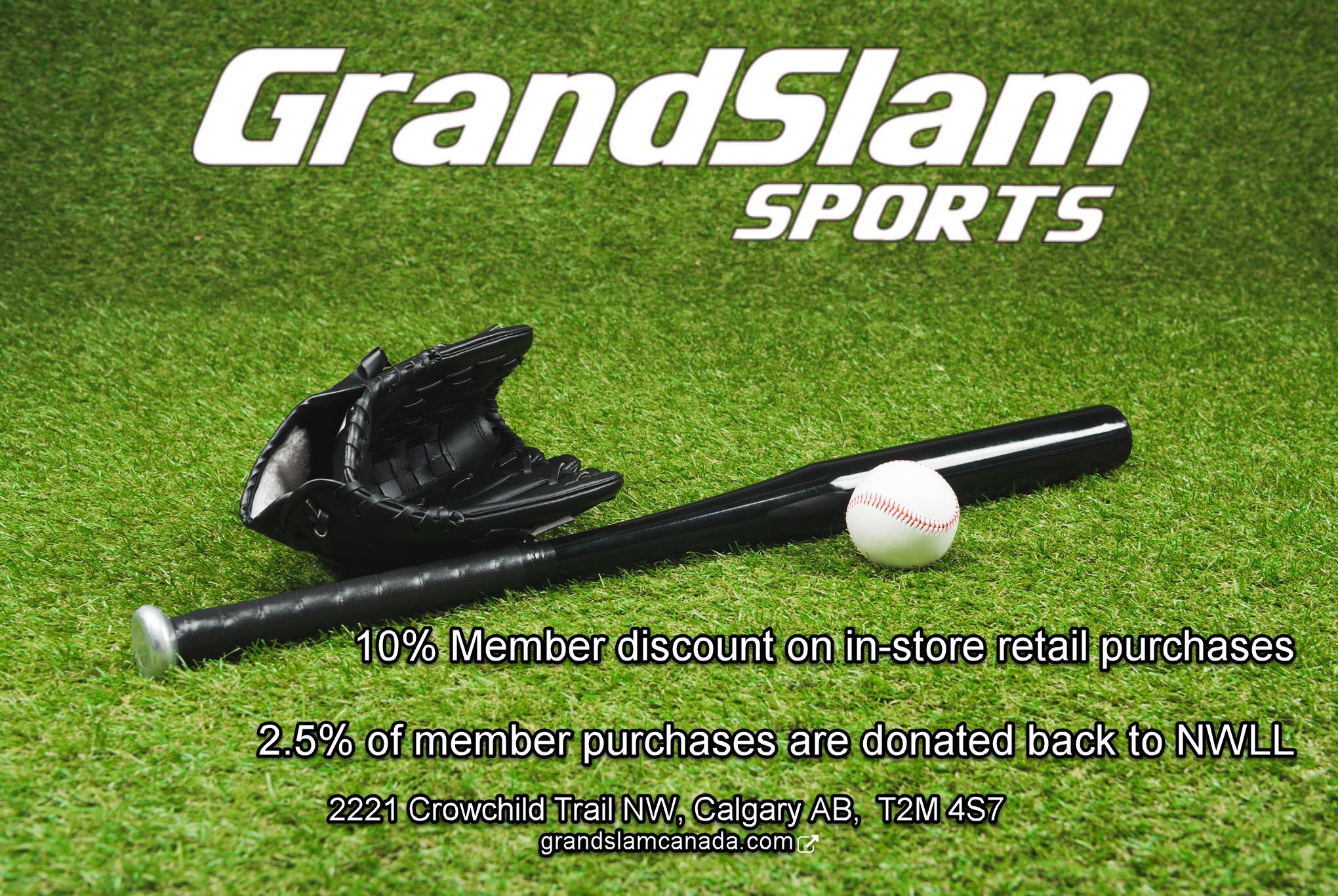 Grand-Slam-Sports-Member-Discount GrandSlam Sports Member Discount Black glove and bat with a baseball on grass