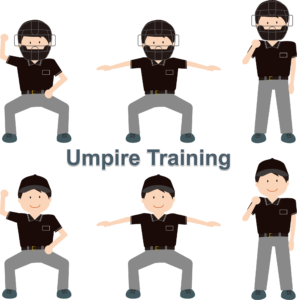 Image of Baseball Umpires behind the plate and in the field striking different poses
